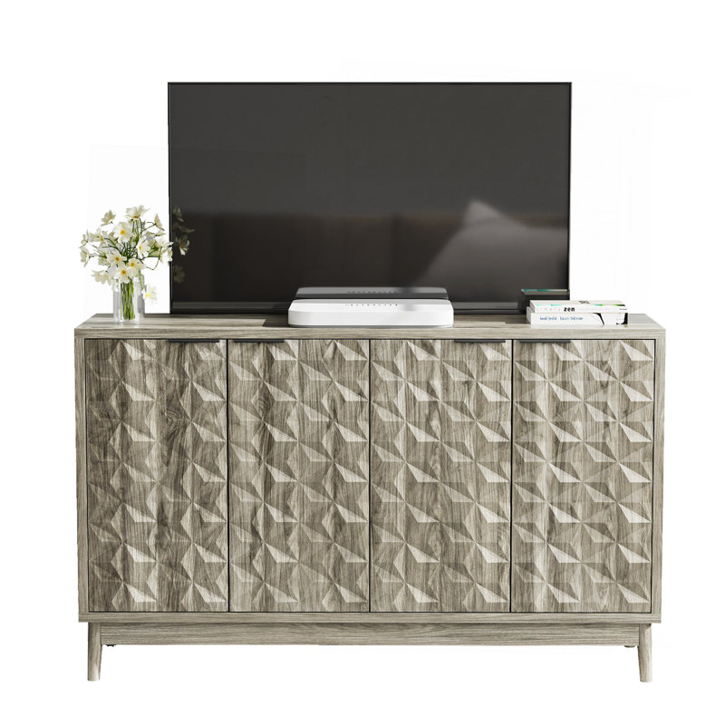 Armoire de buffet de style moderne, armoire de buffet avec rangement, armoire de rangement avec 4 portes en relief en forme de losange pour le salon, la salle à manger, le vestibule, le couloir, la cuisine, gris