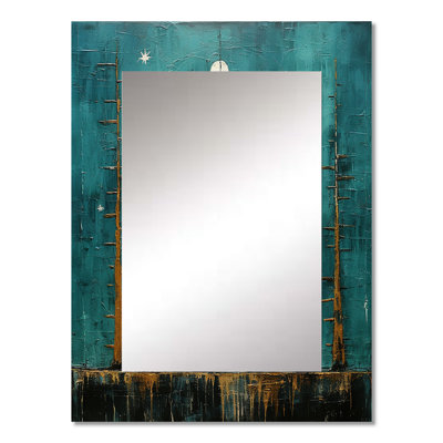 Abstract Moon On Retro Teal - Transitional Decorative Mirror, Turquoise Wall Mirror, Printed Metal Art
