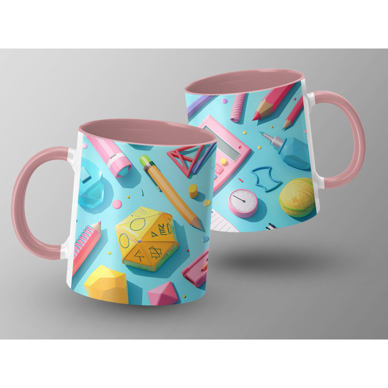 Kids Drawing Style 11oz Accent Mugs – Ceramic Coffee Cup with a Pink Handle and Interior
