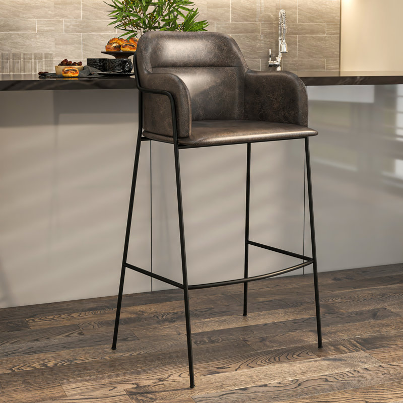 Wainaku Upholstered Bar Stool – Pub Chair with Powder-Coated Black Stainless Steel Base – Low-Back, Padded Faux-Leather Seat, Contemporary Accent Seating