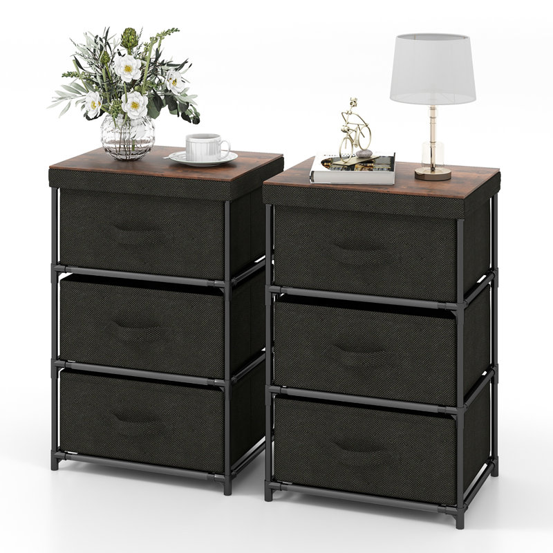 Table de chevet 3 tiroirs en fer noir / brun rustique