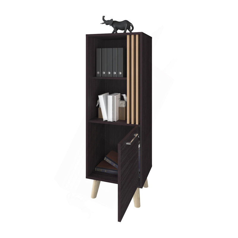 Armoire de rangement en wengé et chêne naturel avec porte et rangement ouvert