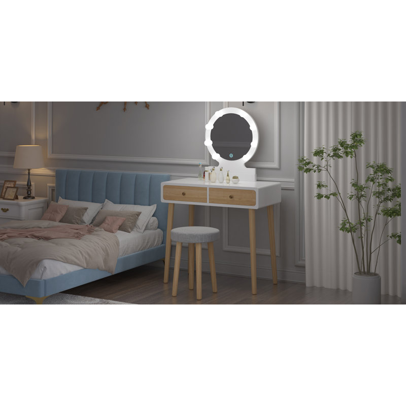 Ensemble de coiffeuse avec miroir lumineux à DEL, miroir à intensité variable 3 couleurs à contrôle tactile, tabouret rembourré et 2 tiroirs de rangement, pieds en bois