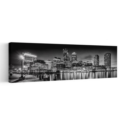 Boston Night Skyline by Melanie Viola - Wrapped Canvas Panoramic Print