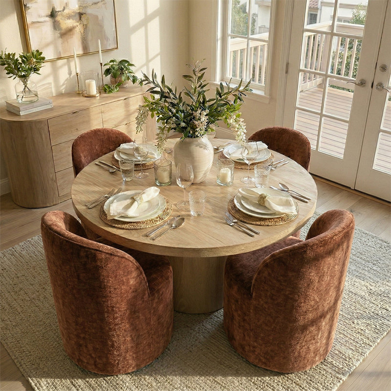 Ensemble de table de salle à manger pour 4 personnes avec table ronde en bois massif et 4 chaises rembourrées en chenille