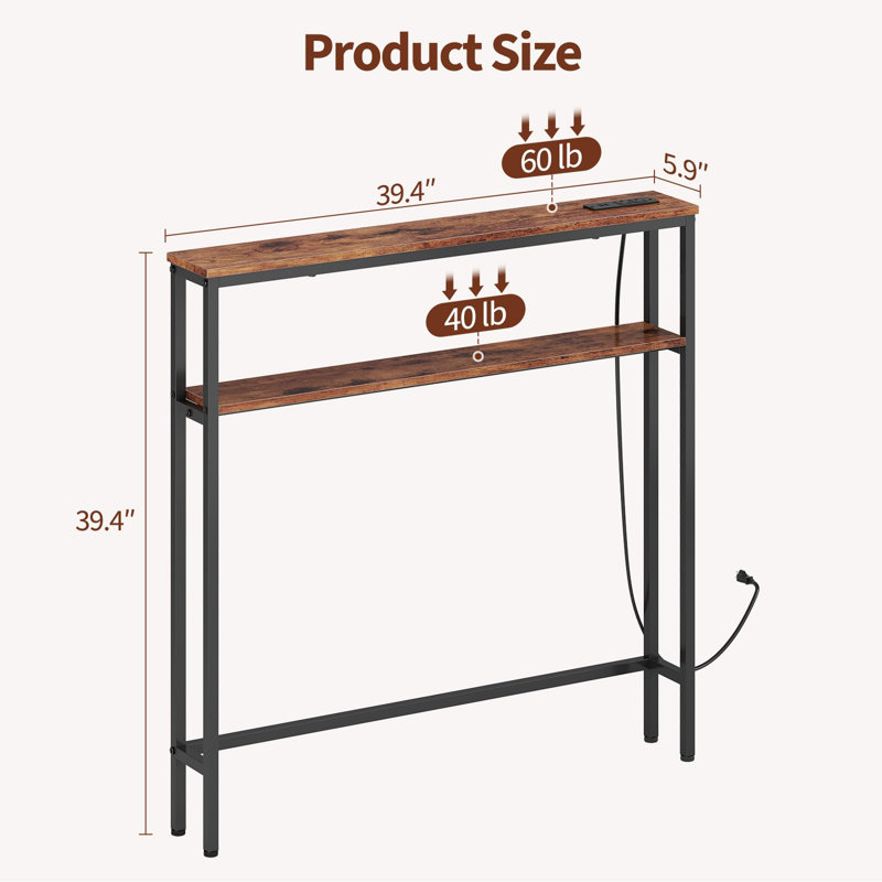 Console étroite avec prises de courant intégrées, canapé-lit mince à 2 niveaux avec tablettes de rangement doubles pour le couloir du salon
