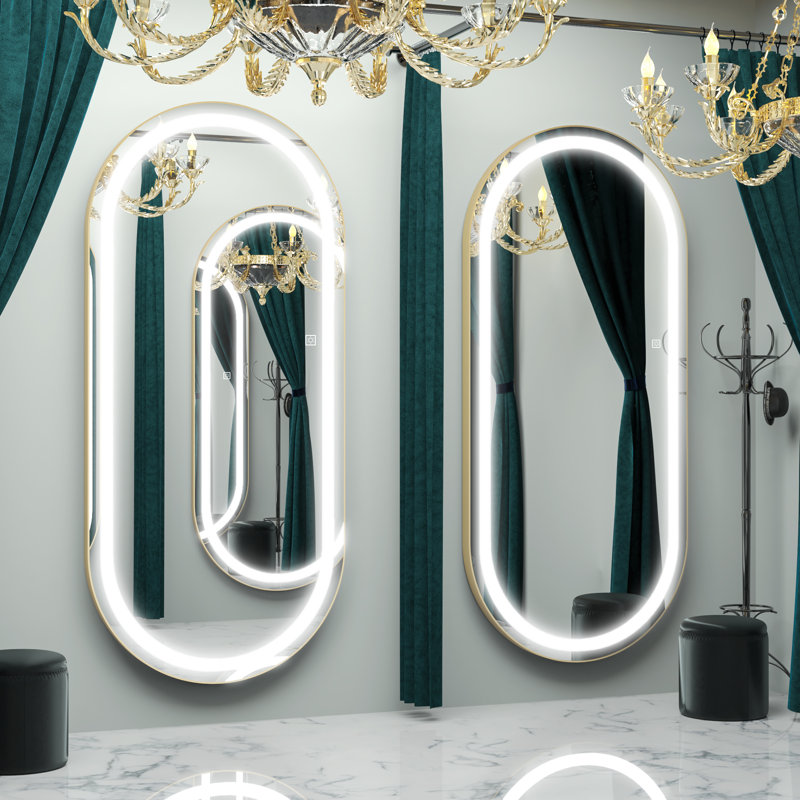 Miroir ovale à DEL pleine longueur avec large bande lumineuse et cadre en aluminium brossé, doré, Or brossé