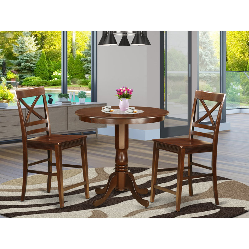 3 Piece Counter Height Dining Table Set Contains a Round Wooden Table with Pedestal and 2 Kitchen Dining Chairs, Buttermilk & Cherry