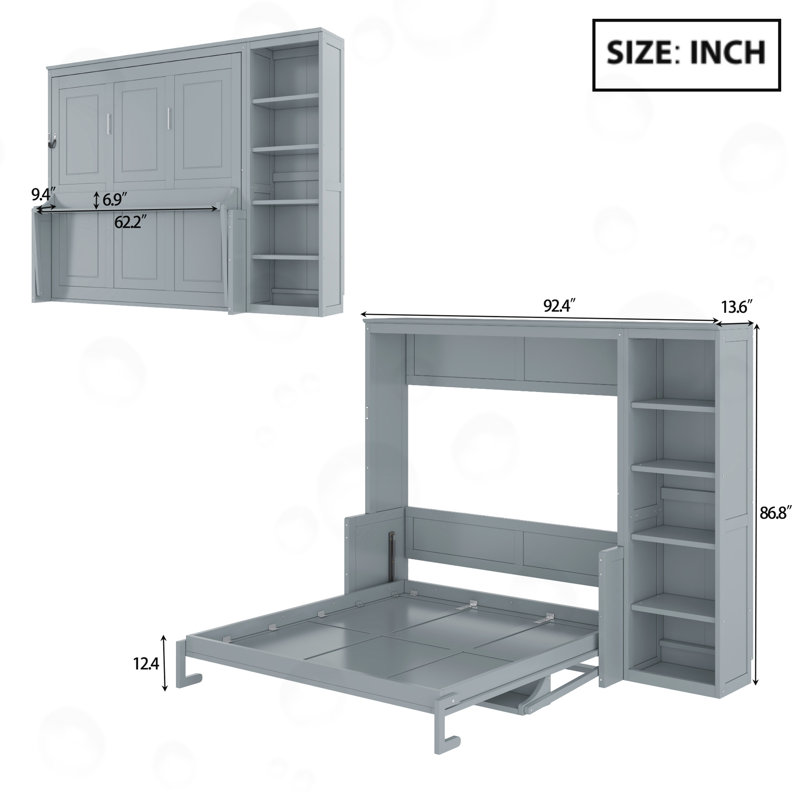 Grand lit escamotable avec bureau et bibliothèque, Grey, Queen