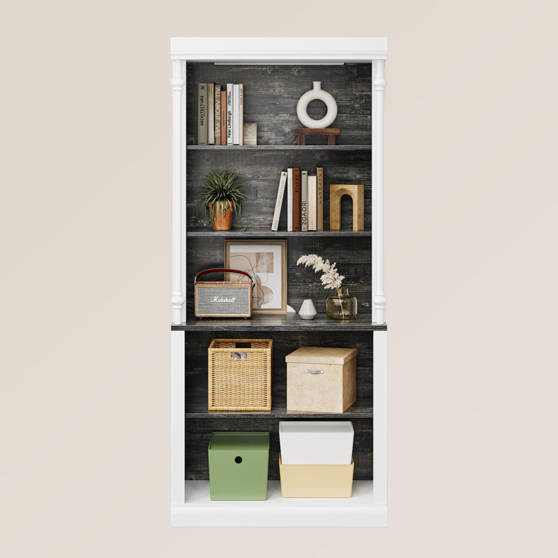 Bibliothèque haute avec 5 tablettes ouvertes, colonne romaine et 4 lumières réglables