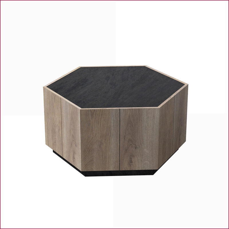 Table basse industrielle hexagonale à 2 tiroirs - noir texturé et chêne chaud, facile à assembler et à ranger
