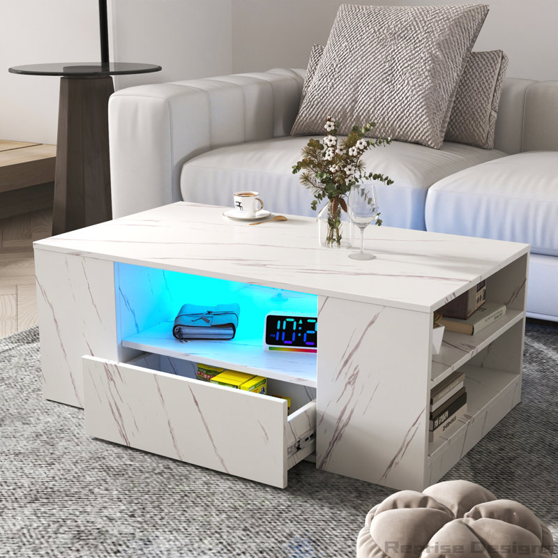 Table basse à DEL 14,57 po avec 2 tiroirs et tablette latérale ouverte, Blanc