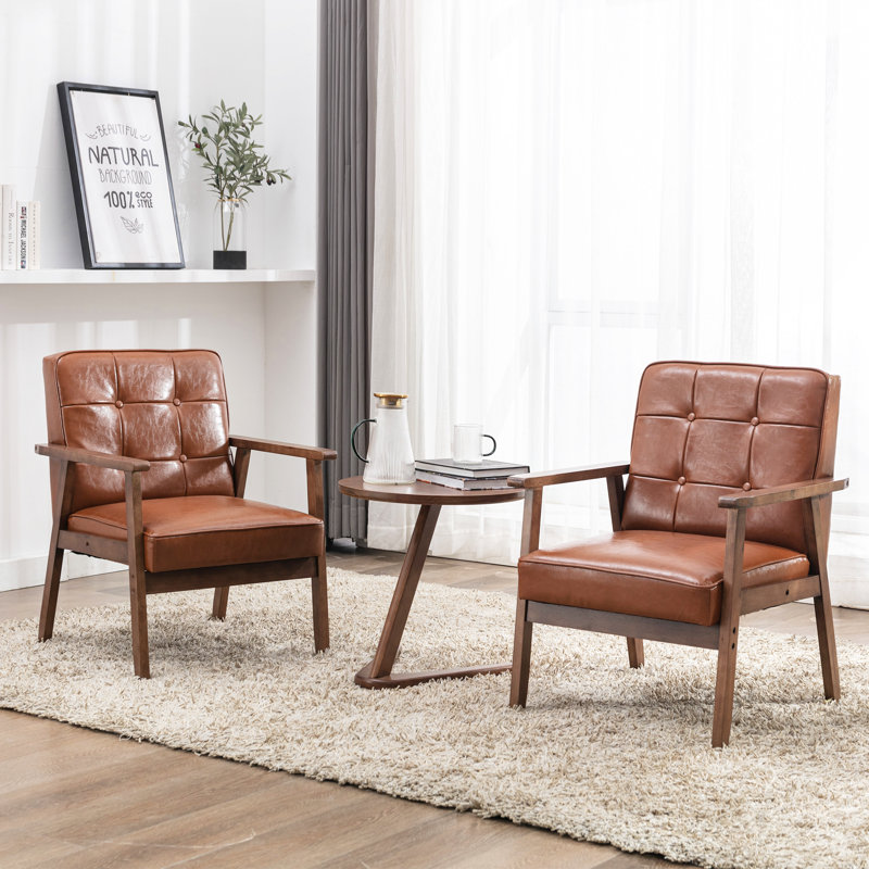 Judeth 3-Piece 25.2'' Two Armchair with Side Table Solid Wood Frame, Brown Faux Leather