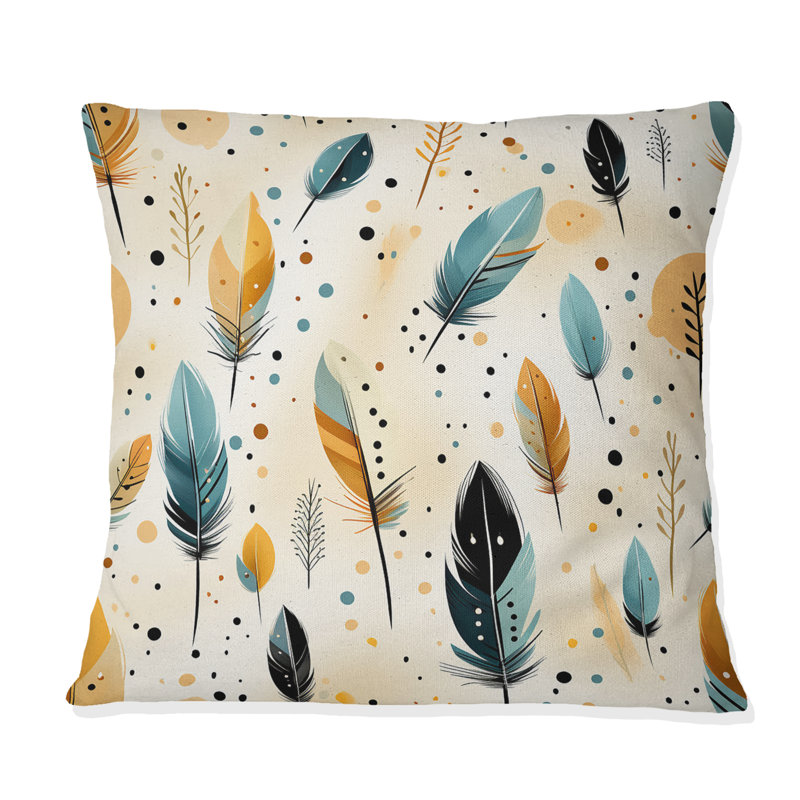 Coussin décoratif beige à motif de plumes nomades - Boho, H 16 po x l 16 po