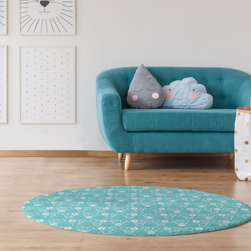 Tapis bleu sarcelle / blanc Circles and Waves, Rond 5 pi