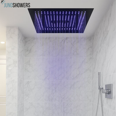 Juno 16-Inch Square LED Rainfall Ceiling Showerhead – Brushed Nickel Finish with Remote-Controlled Lighting