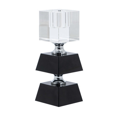 2.4X2.4X5.9" Black And Clear Two Tiered Square Candle Holder