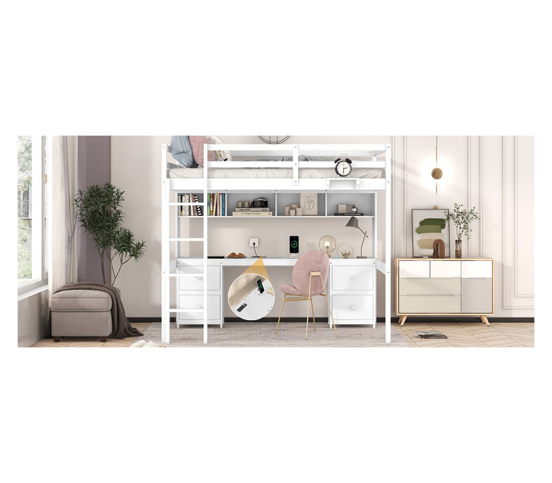 Lit mezzanine double avec bureau et station de charge - Grand lit simple blanc en bois massif avec tiroirs, armoires et tablettes de rangement pour chambre d'enfant