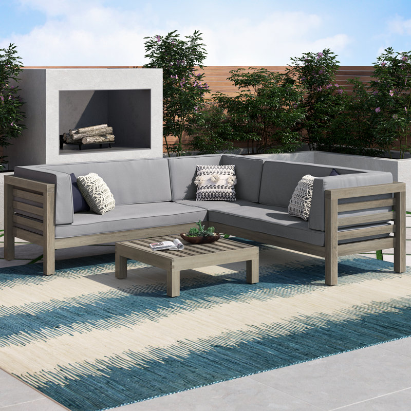Adharsh Acacia 4 - Person Patio Conversation Set with Cushions, Frame Gray/Cushion Dark Gray