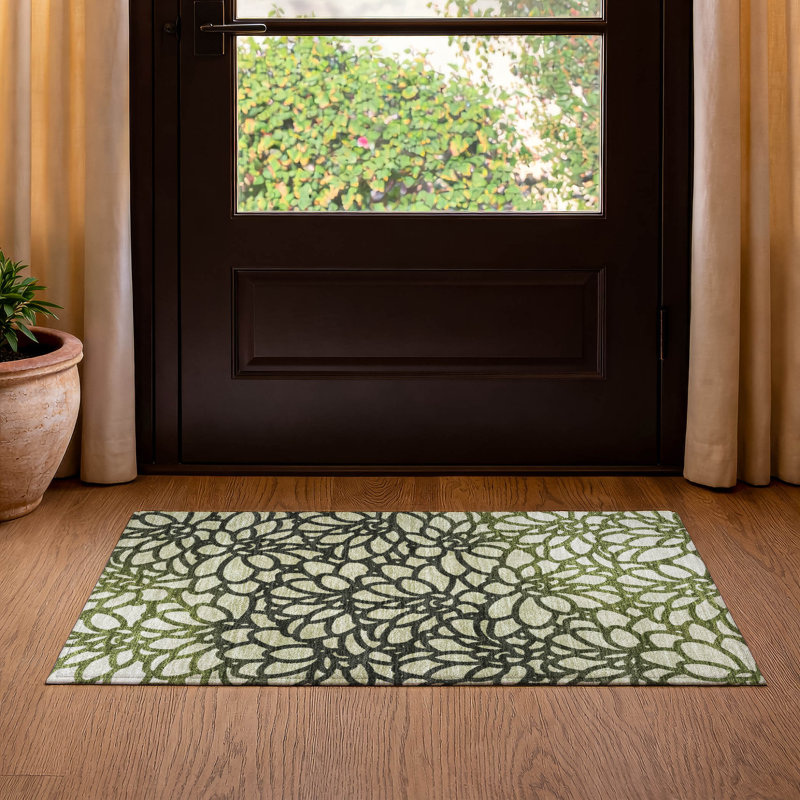 Premium Machine Washable Mayfield AMF2412 Floral Rug, Aloe, 2'6" x 3'10"