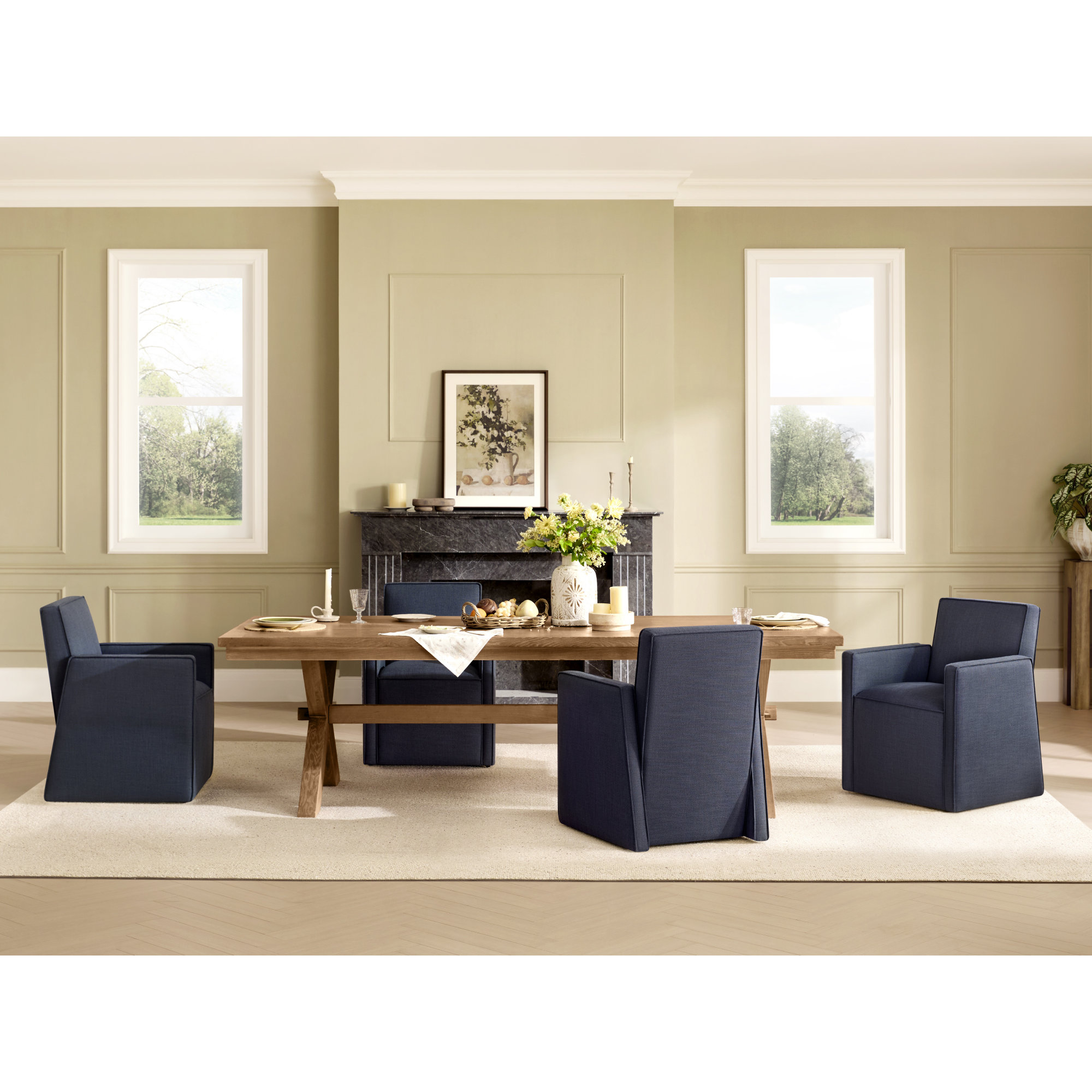 Henley Caster Wheel Dining Armchair, Linen Effie Indigo