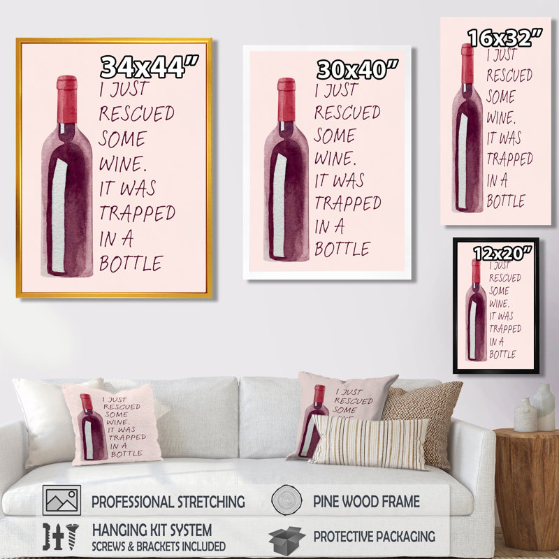 «I Just Rescued Some Wine» - Art mural de salon, cocktails, Toile encadrée noire simple, H 20 po x l 12 po x P 1 po