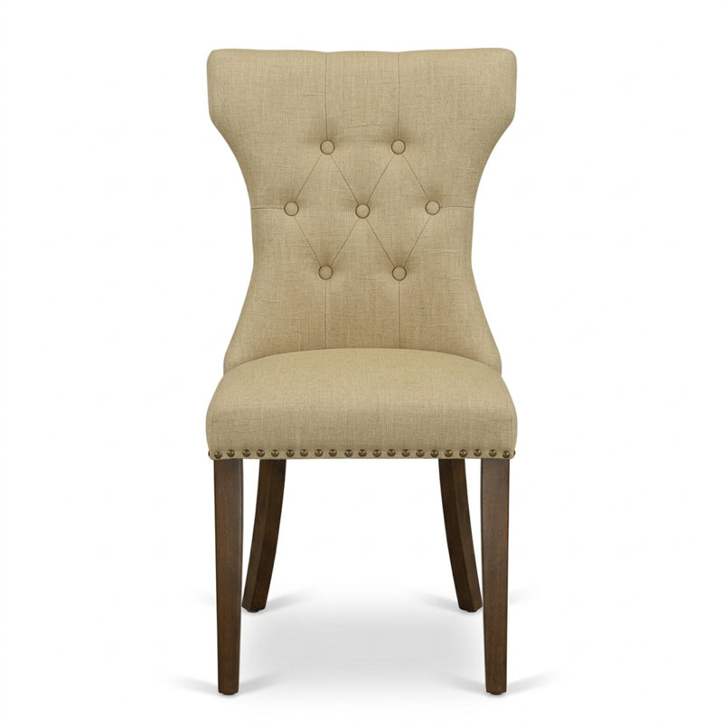 Acacia Walnut Brown Rubberwood Linen Fabric Round 3 Piece Pedestal Button Tufted Back Dining Table Set
