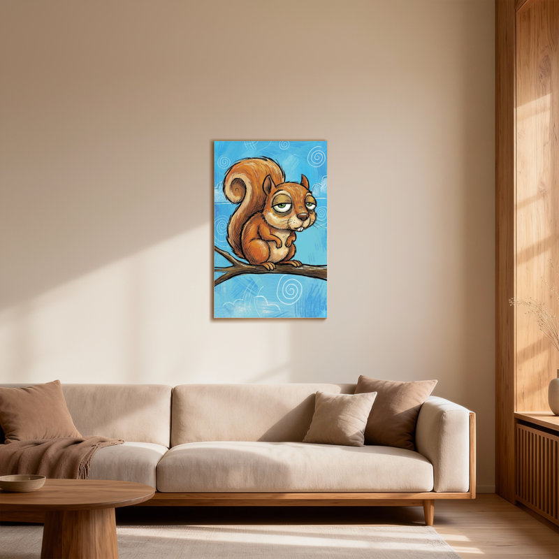 Animals Squirrel On Branch With Blue Sky Background, 24" H x 36" W