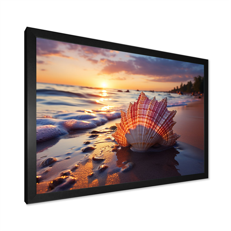 Coucher de soleil sur les trésors du rivage II - plage, art mural, Cadre d'angle fermé noir, H 12 po x l 20 po x P 1 po