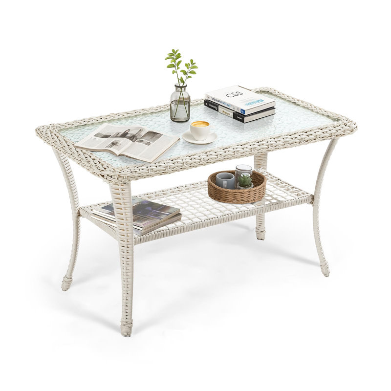 Wicker Patio Coffee Table, 34.48" Rectangle Outdoor Coffee Table With Tempered Glass Top And 2-Tier Storage Shelf, All-Weather Rattan Patio Side Table For Outside Poolside Deck Garden, Cream White
