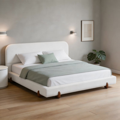 Upholstered Platform Bed Frame with Curved‑Headboard And Decorative Solid Wood Legs, Wood Slat Support, No Box Spring Needed