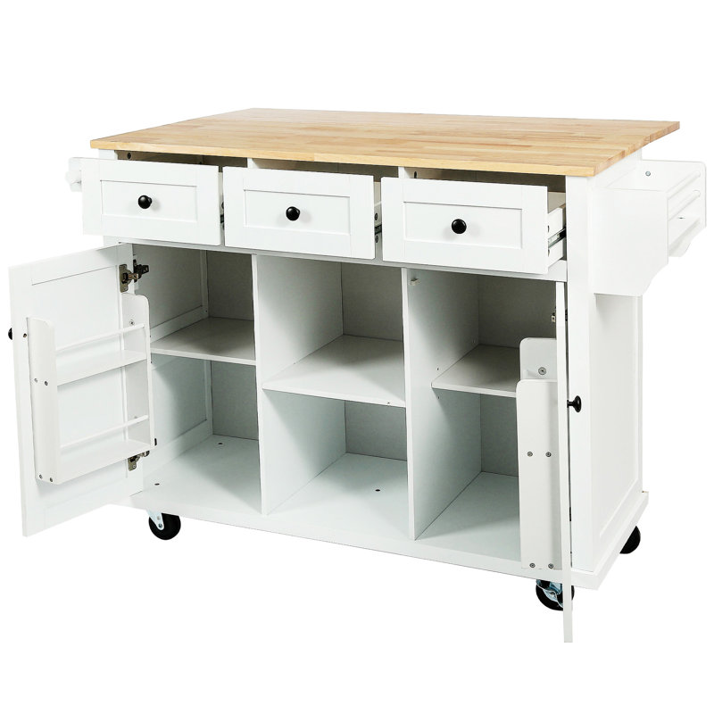 White Kitchen Island With Adjustable Shelves, Drop Countertop & 5 Rolling Wheels Stylish Shelves And Towel Holder, White