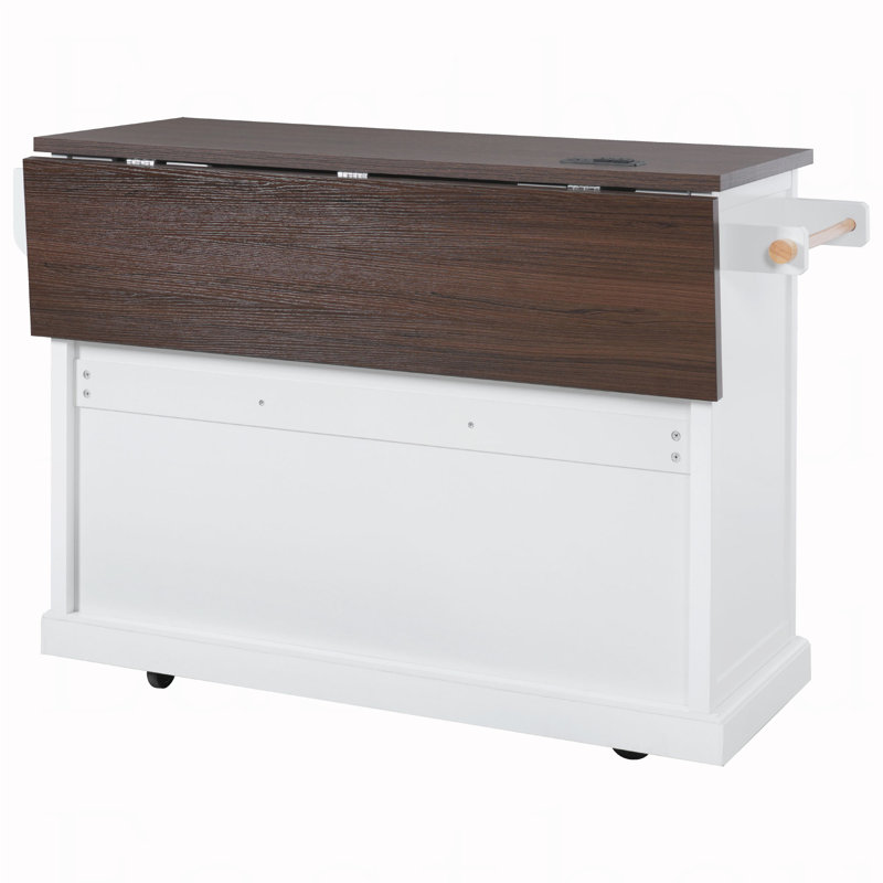 54.9" Kitchen Island with Drop Leaf, Power Outlet, Kitchen Storage Cart with 4 Door Shelves, Cross Barn Doors & Visual Glass Door, Rolling Kitchen Island on 4 Wheels for Kitchen, Dining Room,White