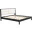Structure de lit plateforme en bois massif de très grande taille avec tête de lit tapissier en velours beige, noir, aucun sommier tapissier requis