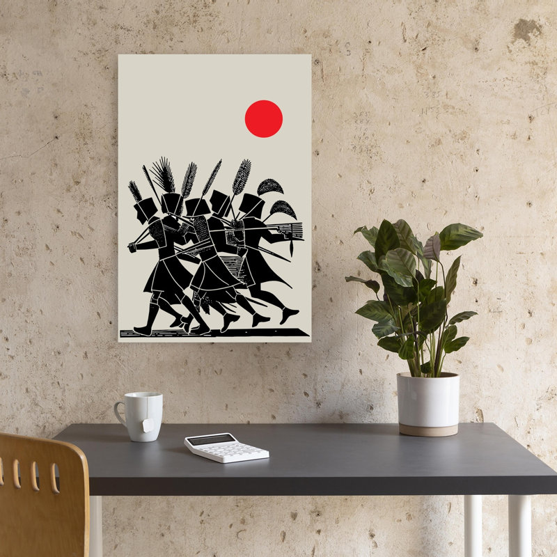 Marching Archers Red Sun Minimalist Abstract Architecture Landscape Wall Art Print 1 Piece Wrapped Canvas Wall Art