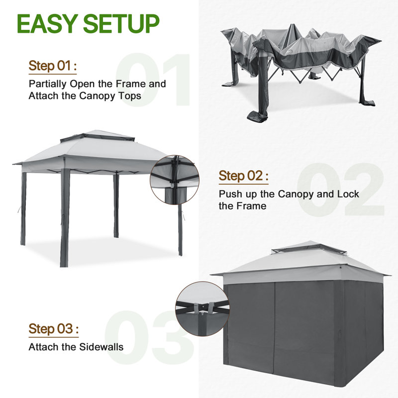 11 Ft. W x 11 Ft. D Pop Up Instant Steel Patio Gazebo with Solid Wall, Black, Gray