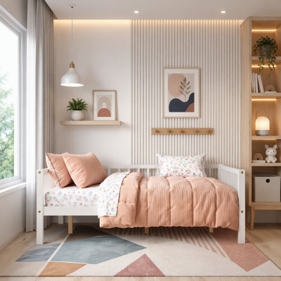 Full Size Daybed with 3-Sided Vertical Slat Guardrails, Natural Finish Solid Wood Frame, Breathable Wooden Slat Support, Reinforced Bed Legs, Leisure Bed for Bedroom Guest Room Kids Room