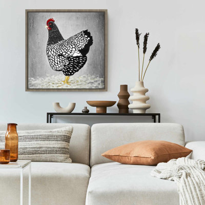 Toile encadrée blanche rustique | Poule Wyandotte noire et blanche