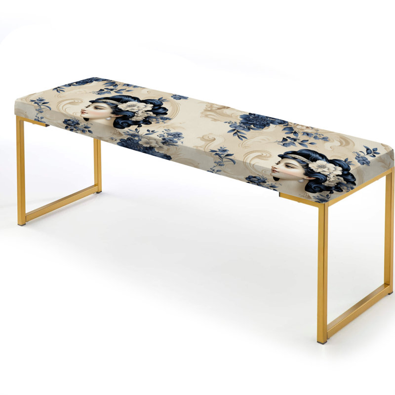 Blue Beige Victorian Cameo Portraits - Floral Upholstered Gold Bench