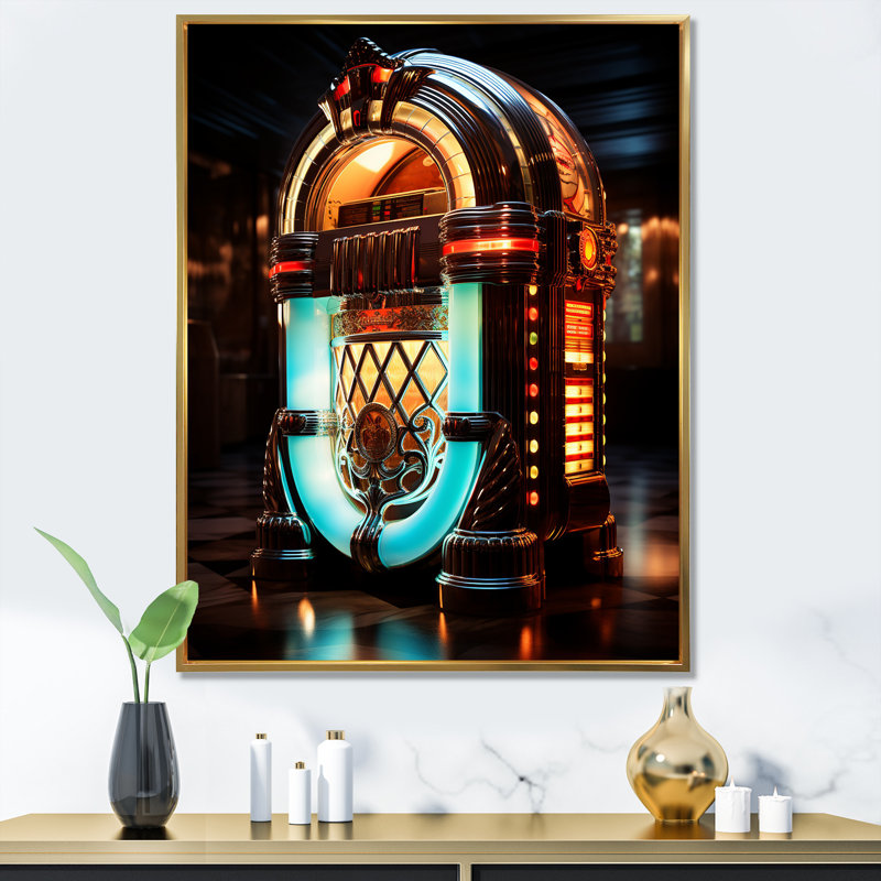 Cubist Jukebox Harmony 2 - Jukeboxes, art mural, H 32 po x l 16 po x P 1 po, Cadre flottant doré