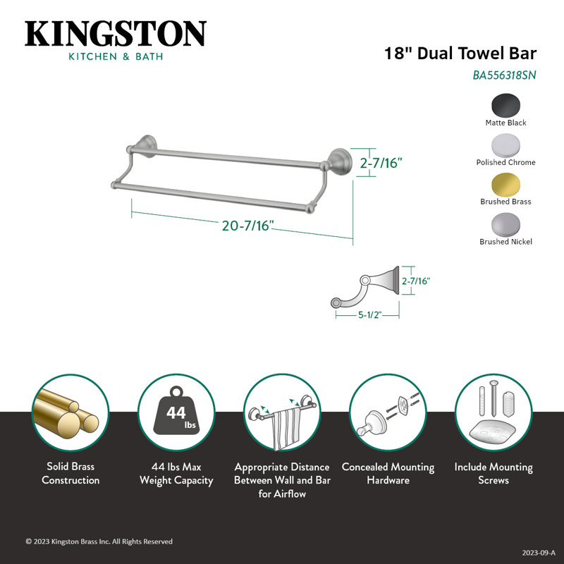Barre à serviettes double 18 po Kingston Brass Royale, Nickel brossé