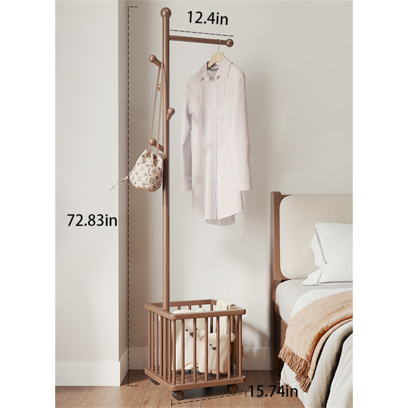 Portemanteau multifonctionnel en bois massif avec panier à linge, Brun