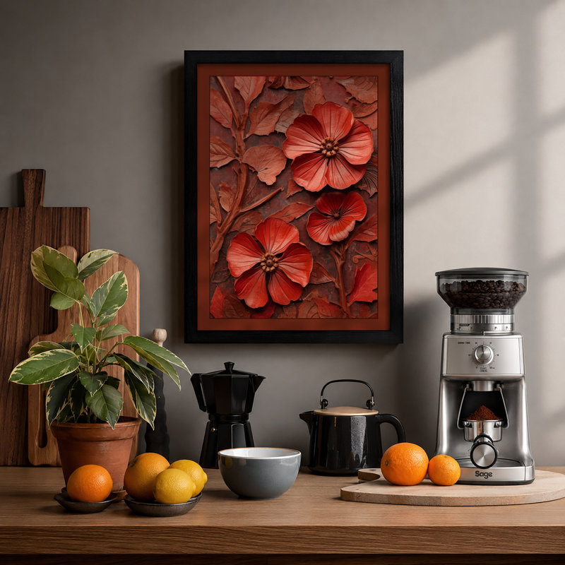 Terracotta Floral Relief Botanical - Framed Print, A4 - 29.7 x 21.0 cm, Black