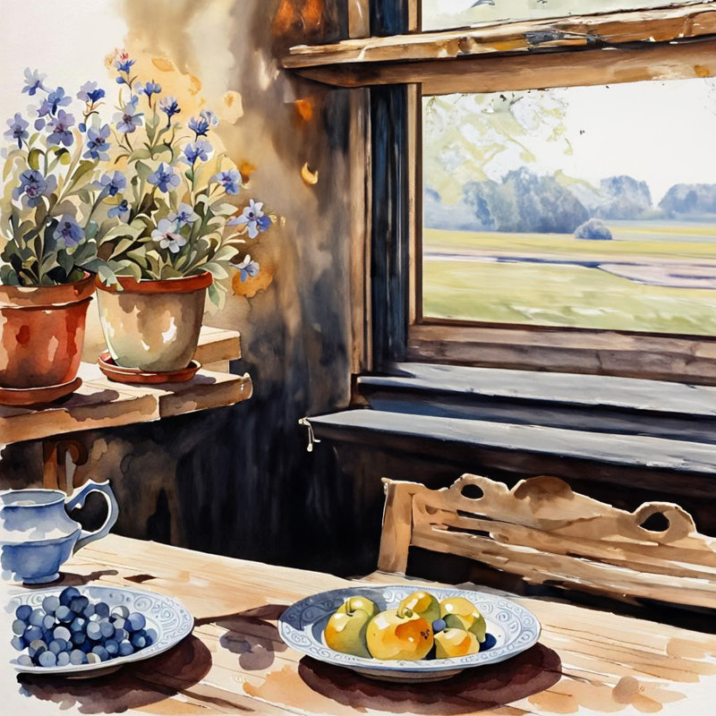 «Rustic Window View with Pots Flowers and Fruit on Table», art mural sur toile tendue, H 20 po x l 20 po x P 1,5 po