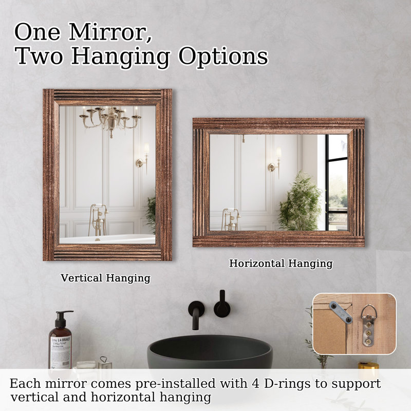 Solid Wood Frame Flat Bathroom Mirror, Brown, 32" x 24"