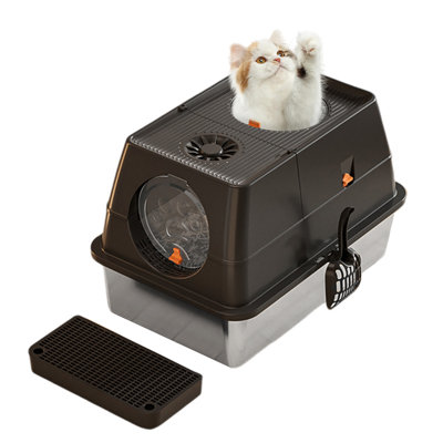 Bac à litière avec couvercle, bac à litière en métal à sortie supérieure avec pelle et tapis pour chats et lapins (L 23,6 po x l 15,4 po x H 15,7 po)