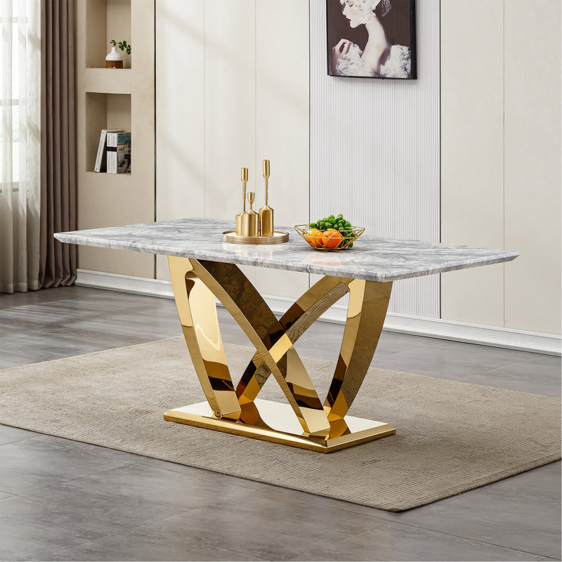 Table de salle à manger en marbre pour 6 personnes, table de salle à manger rectangulaire en faux marbre 70 po avec base en acier inoxydable à finition miroir, table de cuisine moderne en marbre de grande taille (table seulement)