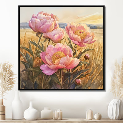 Pivoines dans le champ de l'heure dorée I - pivoines, art mural pour le salon