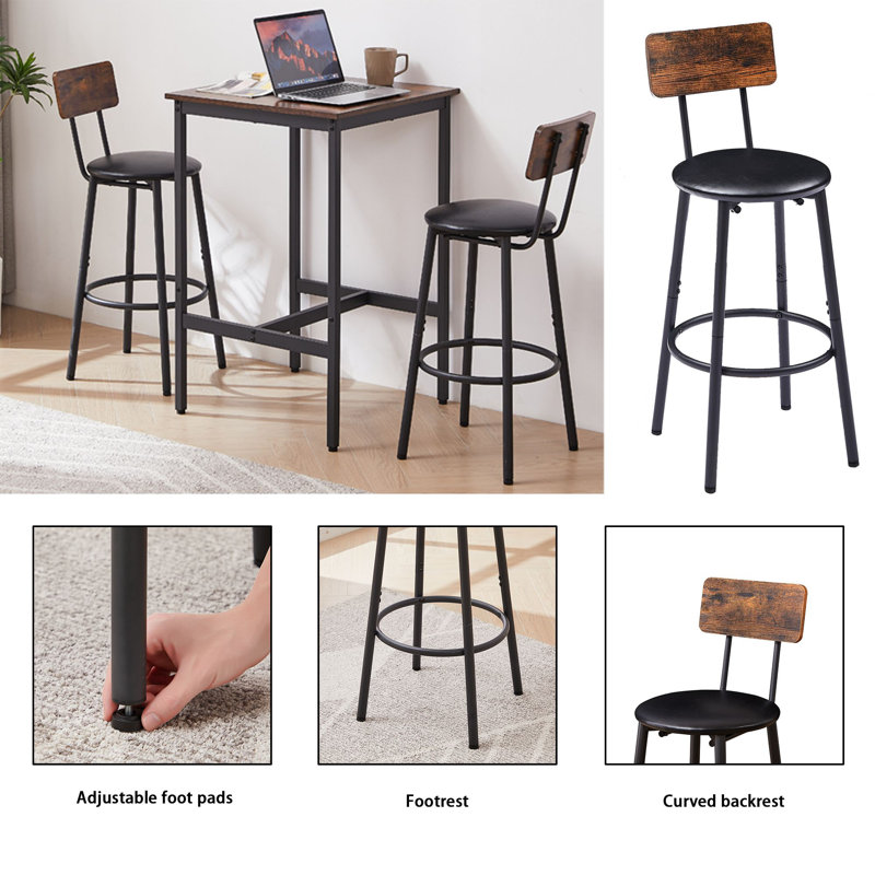 Doncaster Bar Table Set with 2 Bar stools PU Soft seat with backrest, Rustic Brown, 23.62'' W x 23.62'' D x 35.43'' H and 1pcs tray