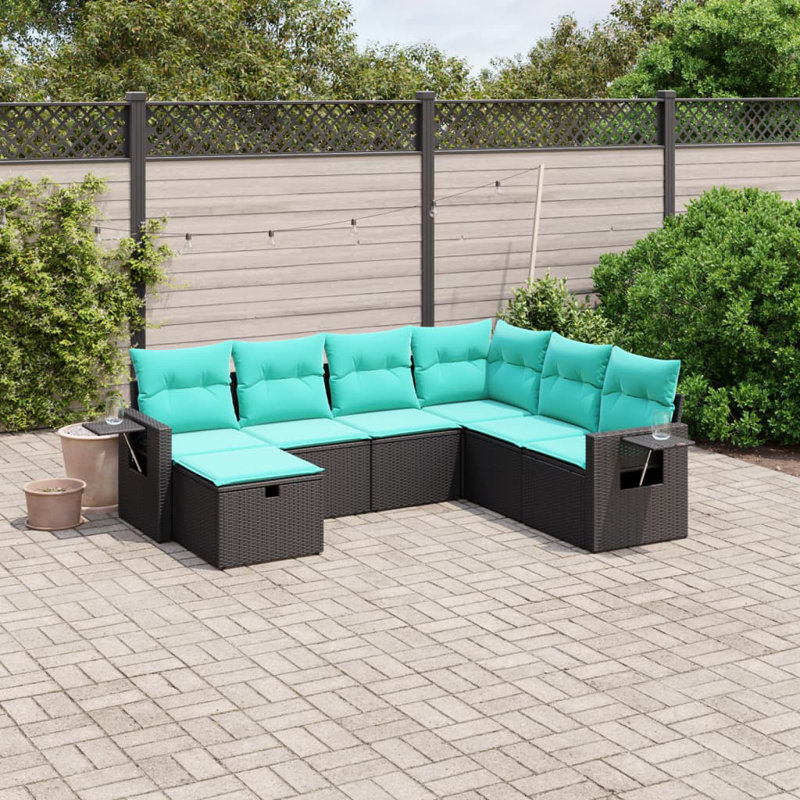 Ensemble de canapé de patio avec coussins 7 pièces Latitude Run®, Coussin bleu sarcelle / structure noire